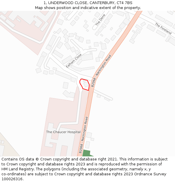 1, UNDERWOOD CLOSE, CANTERBURY, CT4 7BS: Location map and indicative extent of plot