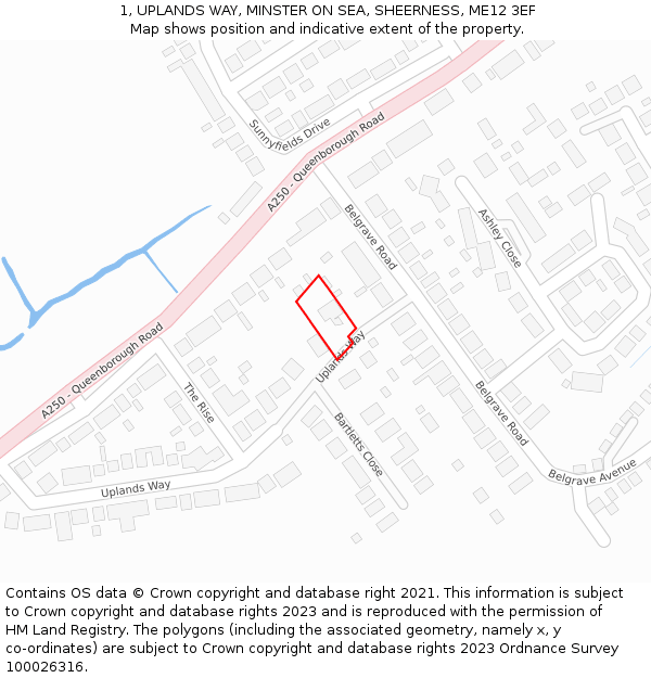 1, UPLANDS WAY, MINSTER ON SEA, SHEERNESS, ME12 3EF: Location map and indicative extent of plot
