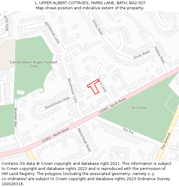 1, UPPER ALBERT COTTAGES, FARRS LANE, BATH, BA2 5DT: Location map and indicative extent of plot