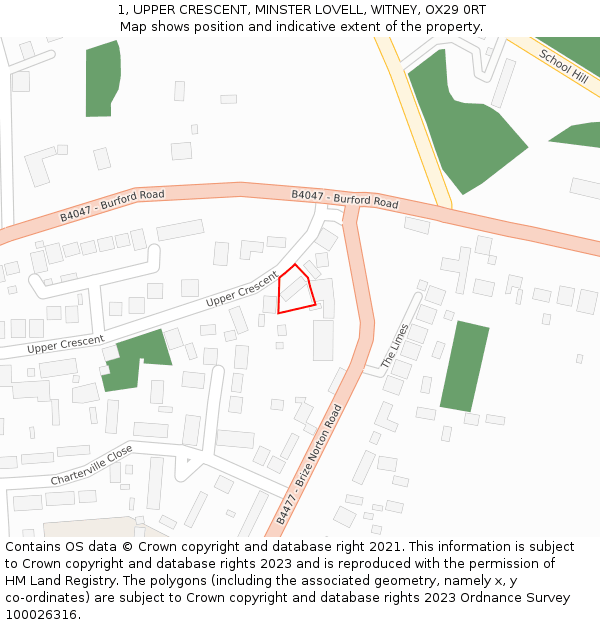 1, UPPER CRESCENT, MINSTER LOVELL, WITNEY, OX29 0RT: Location map and indicative extent of plot