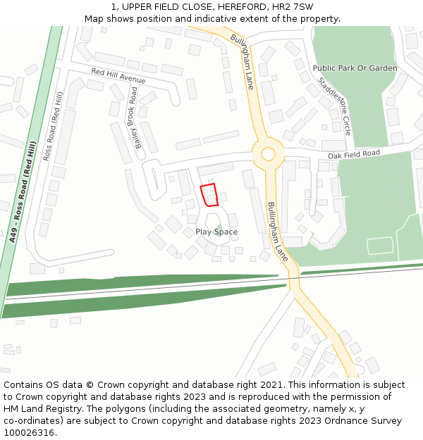 1, UPPER FIELD CLOSE, HEREFORD, HR2 7SW: Location map and indicative extent of plot