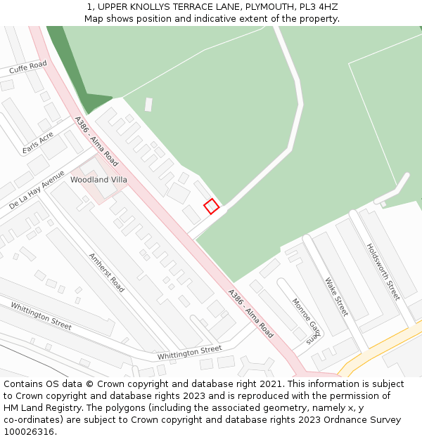 1, UPPER KNOLLYS TERRACE LANE, PLYMOUTH, PL3 4HZ: Location map and indicative extent of plot