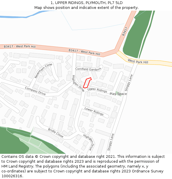 1, UPPER RIDINGS, PLYMOUTH, PL7 5LD: Location map and indicative extent of plot