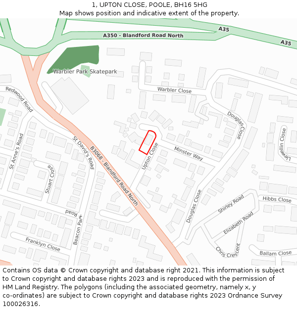 1, UPTON CLOSE, POOLE, BH16 5HG: Location map and indicative extent of plot