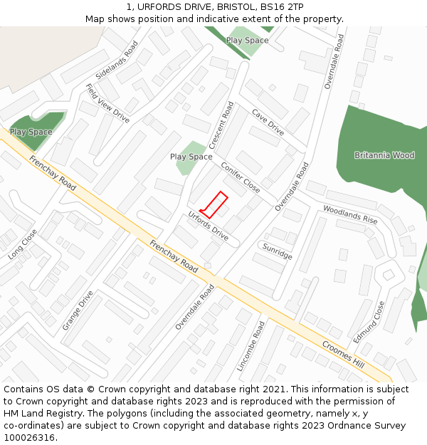 1, URFORDS DRIVE, BRISTOL, BS16 2TP: Location map and indicative extent of plot