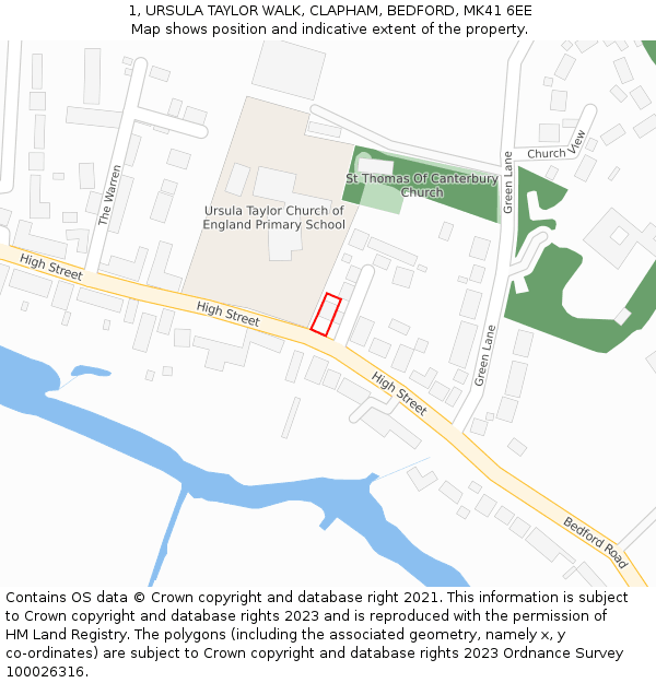 1, URSULA TAYLOR WALK, CLAPHAM, BEDFORD, MK41 6EE: Location map and indicative extent of plot