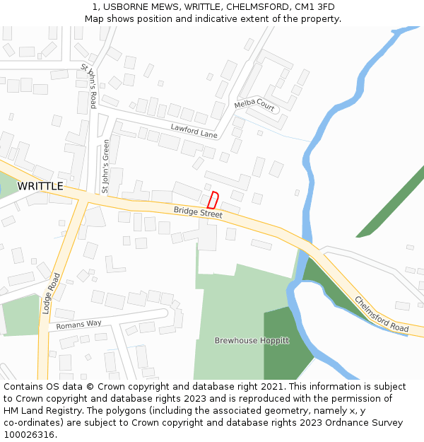 1, USBORNE MEWS, WRITTLE, CHELMSFORD, CM1 3FD: Location map and indicative extent of plot