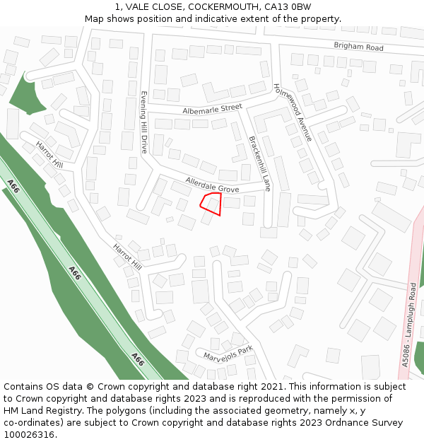 1, VALE CLOSE, COCKERMOUTH, CA13 0BW: Location map and indicative extent of plot