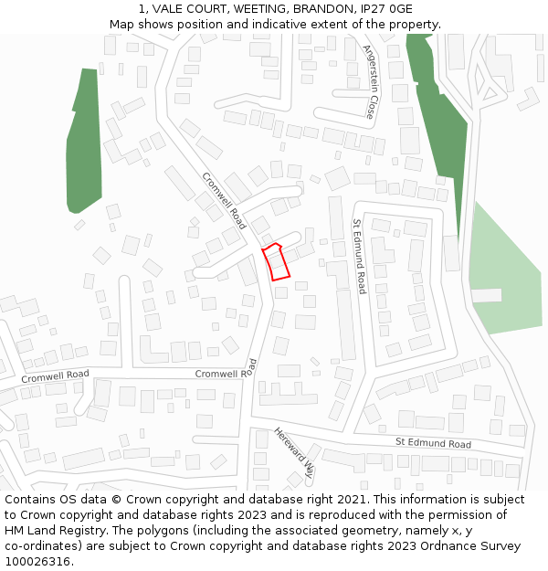 1, VALE COURT, WEETING, BRANDON, IP27 0GE: Location map and indicative extent of plot