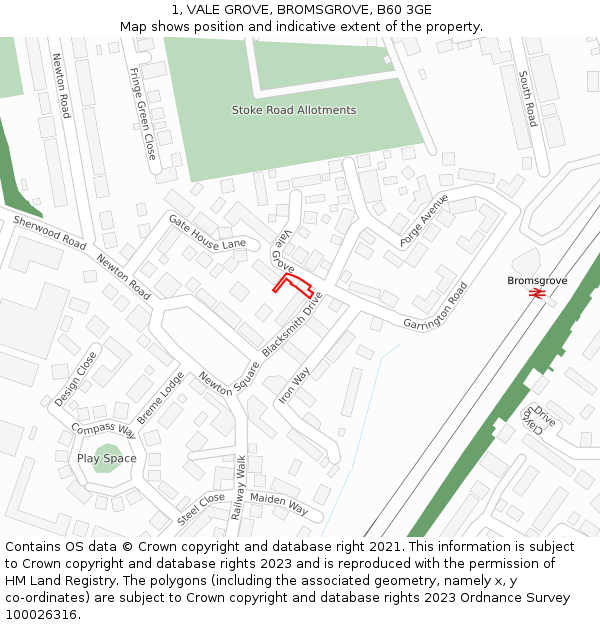 1, VALE GROVE, BROMSGROVE, B60 3GE: Location map and indicative extent of plot