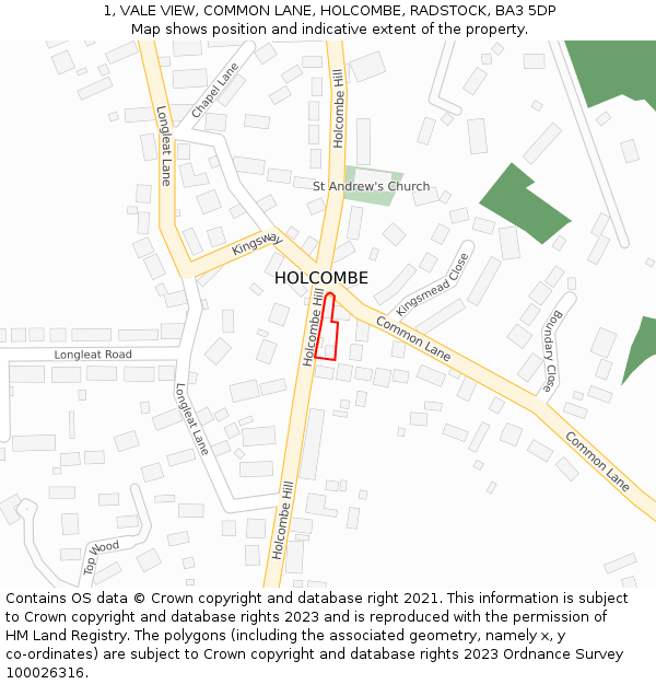1, VALE VIEW, COMMON LANE, HOLCOMBE, RADSTOCK, BA3 5DP: Location map and indicative extent of plot