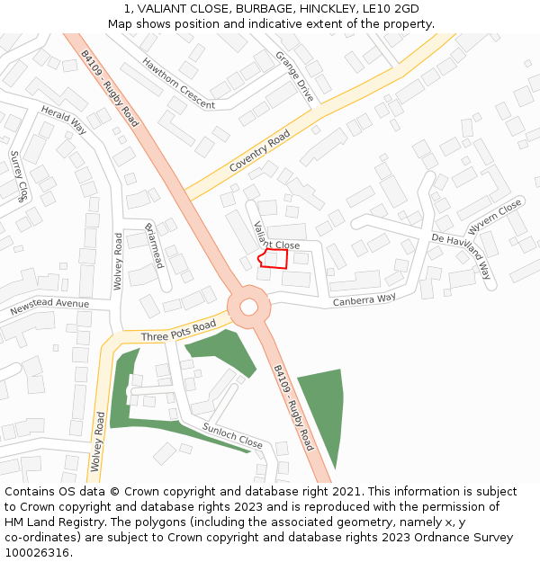 1, VALIANT CLOSE, BURBAGE, HINCKLEY, LE10 2GD: Location map and indicative extent of plot