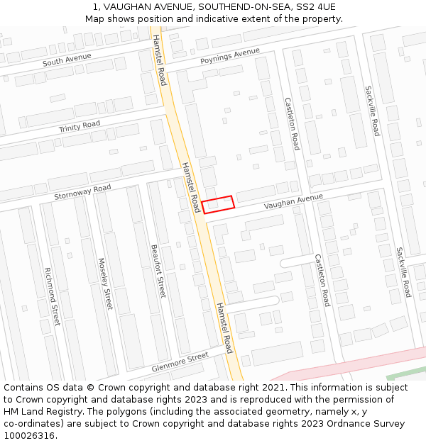 1, VAUGHAN AVENUE, SOUTHEND-ON-SEA, SS2 4UE: Location map and indicative extent of plot