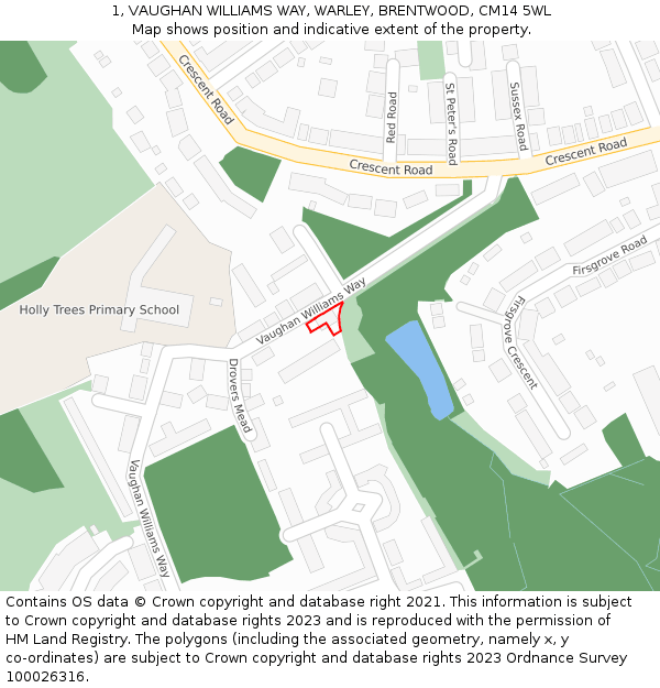 1, VAUGHAN WILLIAMS WAY, WARLEY, BRENTWOOD, CM14 5WL: Location map and indicative extent of plot