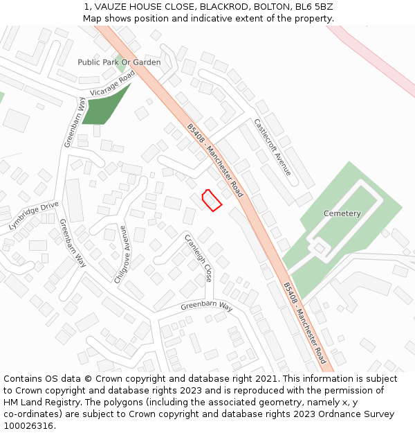 1, VAUZE HOUSE CLOSE, BLACKROD, BOLTON, BL6 5BZ: Location map and indicative extent of plot