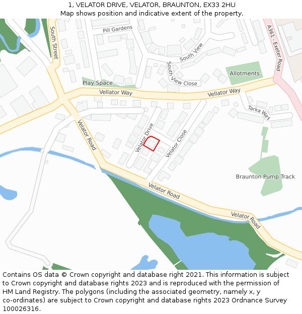 1, VELATOR DRIVE, VELATOR, BRAUNTON, EX33 2HU: Location map and indicative extent of plot