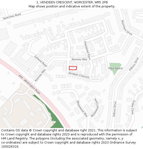 1, VENDEEN CRESCENT, WORCESTER, WR5 2FB: Location map and indicative extent of plot