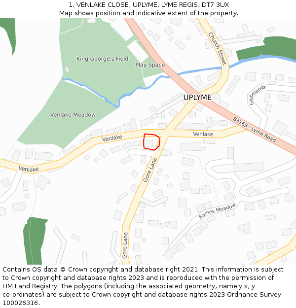 1, VENLAKE CLOSE, UPLYME, LYME REGIS, DT7 3UX: Location map and indicative extent of plot