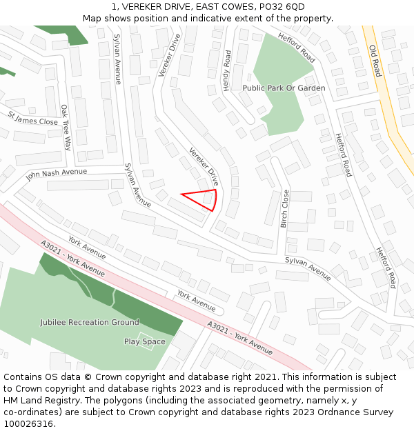 1, VEREKER DRIVE, EAST COWES, PO32 6QD: Location map and indicative extent of plot