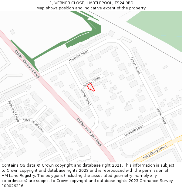 1, VERNER CLOSE, HARTLEPOOL, TS24 9RD: Location map and indicative extent of plot