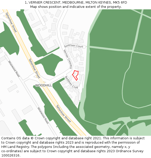 1, VERNIER CRESCENT, MEDBOURNE, MILTON KEYNES, MK5 6FD: Location map and indicative extent of plot