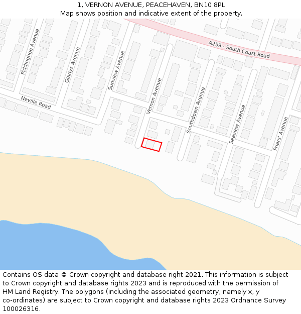 1, VERNON AVENUE, PEACEHAVEN, BN10 8PL: Location map and indicative extent of plot