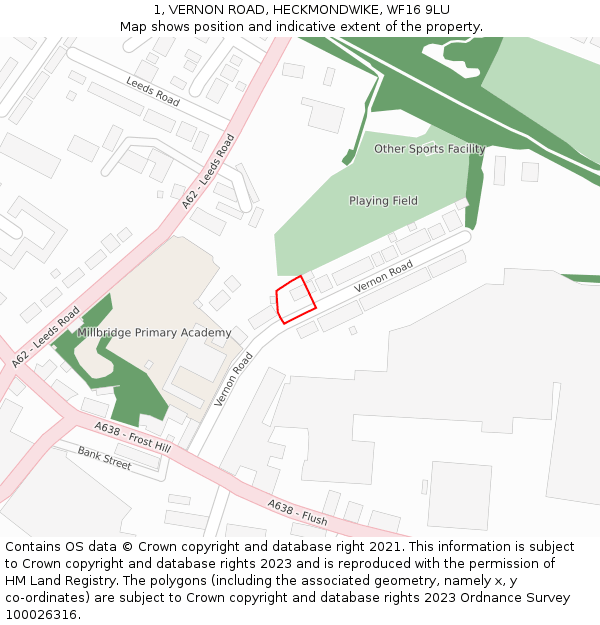1, VERNON ROAD, HECKMONDWIKE, WF16 9LU: Location map and indicative extent of plot