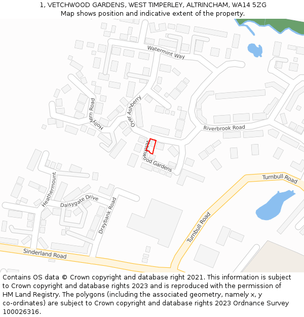 1, VETCHWOOD GARDENS, WEST TIMPERLEY, ALTRINCHAM, WA14 5ZG: Location map and indicative extent of plot