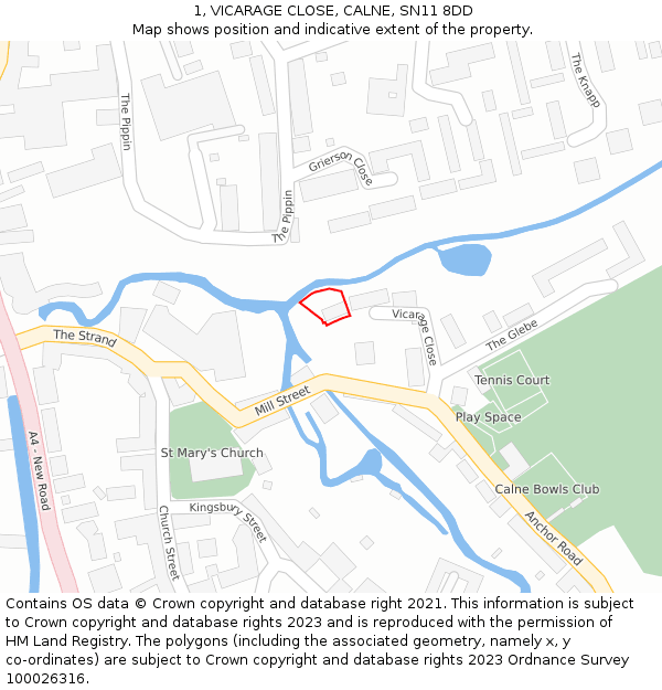 1, VICARAGE CLOSE, CALNE, SN11 8DD: Location map and indicative extent of plot