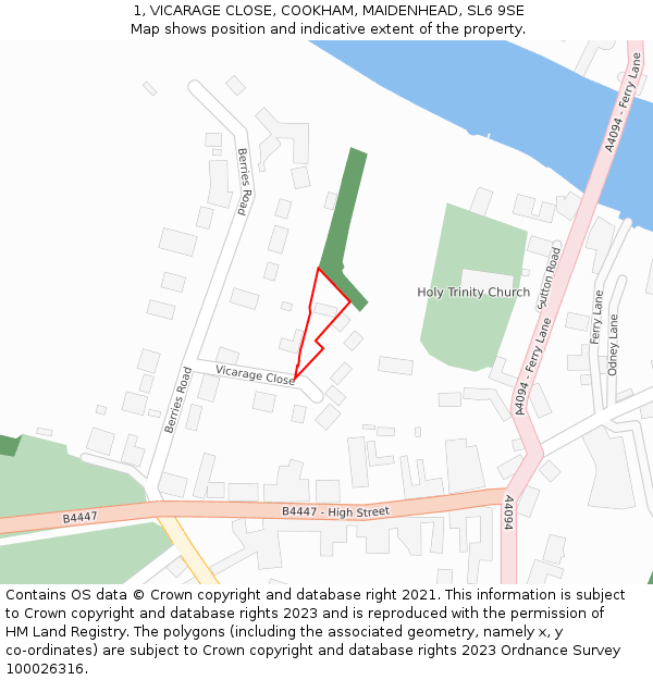 1, VICARAGE CLOSE, COOKHAM, MAIDENHEAD, SL6 9SE: Location map and indicative extent of plot