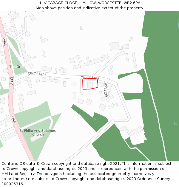 1, VICARAGE CLOSE, HALLOW, WORCESTER, WR2 6PA: Location map and indicative extent of plot