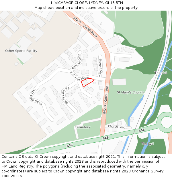 1, VICARAGE CLOSE, LYDNEY, GL15 5TN: Location map and indicative extent of plot