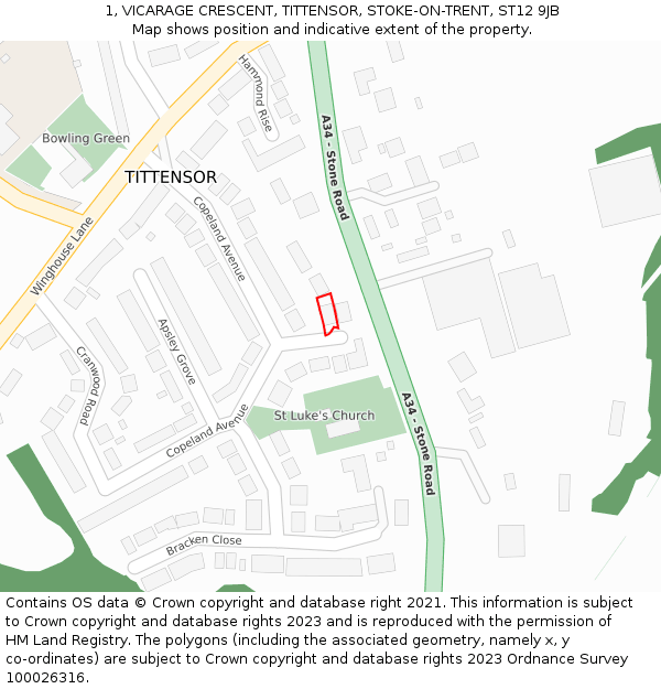 1, VICARAGE CRESCENT, TITTENSOR, STOKE-ON-TRENT, ST12 9JB: Location map and indicative extent of plot