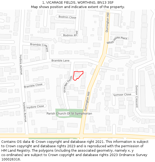 1, VICARAGE FIELDS, WORTHING, BN13 3SF: Location map and indicative extent of plot