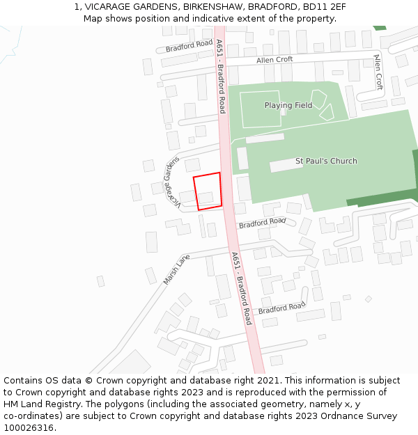 1, VICARAGE GARDENS, BIRKENSHAW, BRADFORD, BD11 2EF: Location map and indicative extent of plot