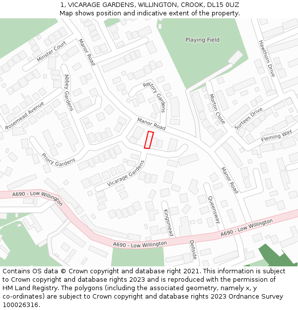 1, VICARAGE GARDENS, WILLINGTON, CROOK, DL15 0UZ: Location map and indicative extent of plot