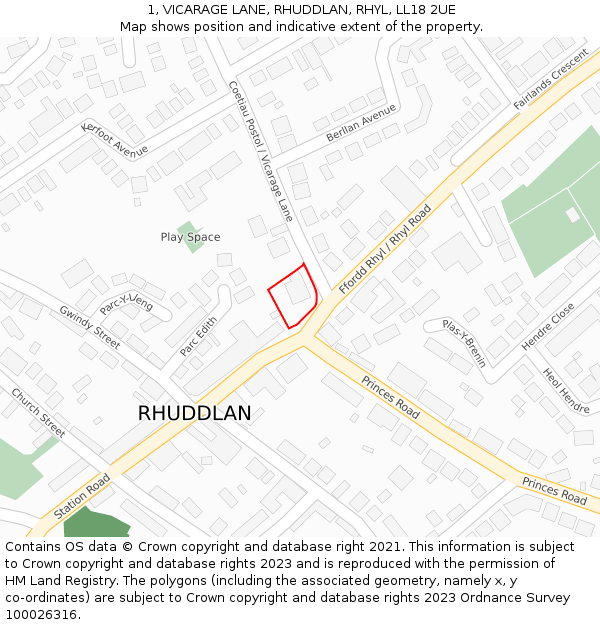 1, VICARAGE LANE, RHUDDLAN, RHYL, LL18 2UE: Location map and indicative extent of plot