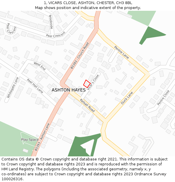 1, VICARS CLOSE, ASHTON, CHESTER, CH3 8BL: Location map and indicative extent of plot