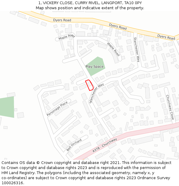 1, VICKERY CLOSE, CURRY RIVEL, LANGPORT, TA10 0PY: Location map and indicative extent of plot