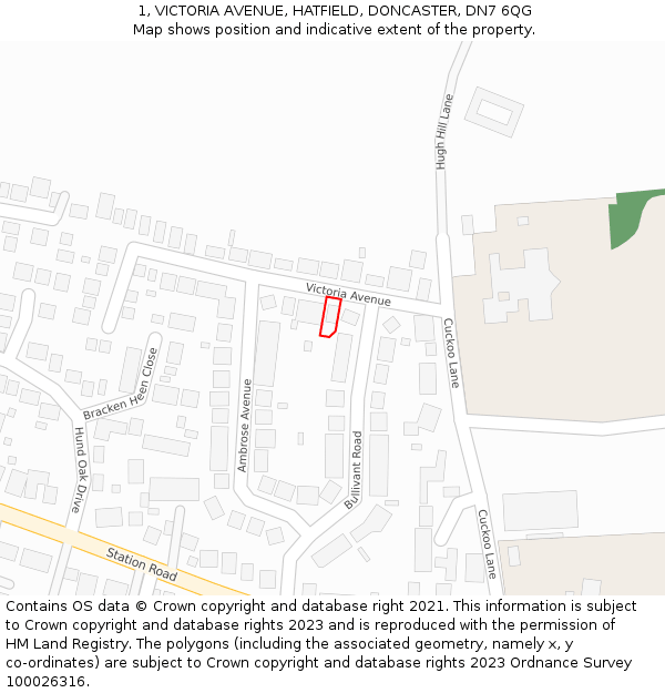 1, VICTORIA AVENUE, HATFIELD, DONCASTER, DN7 6QG: Location map and indicative extent of plot