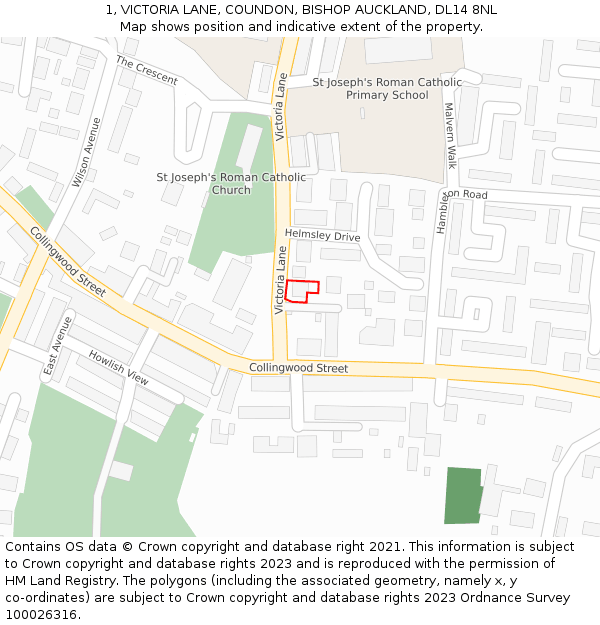 1, VICTORIA LANE, COUNDON, BISHOP AUCKLAND, DL14 8NL: Location map and indicative extent of plot