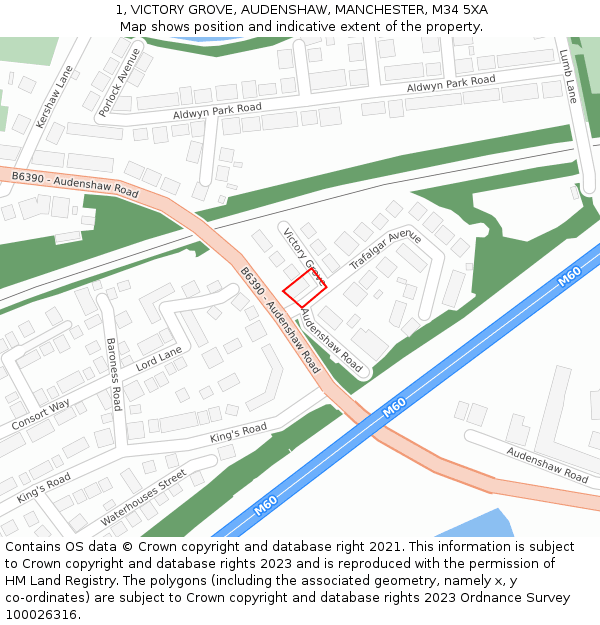 1, VICTORY GROVE, AUDENSHAW, MANCHESTER, M34 5XA: Location map and indicative extent of plot