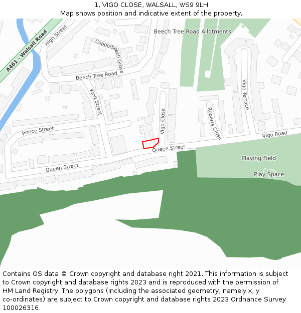 1, VIGO CLOSE, WALSALL, WS9 9LH: Location map and indicative extent of plot