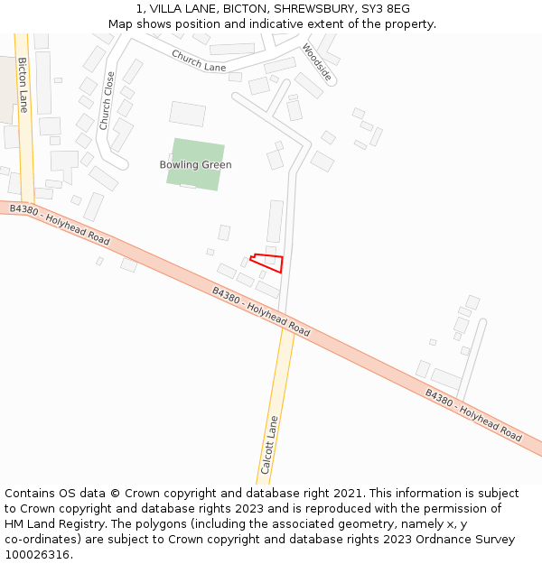 1, VILLA LANE, BICTON, SHREWSBURY, SY3 8EG: Location map and indicative extent of plot