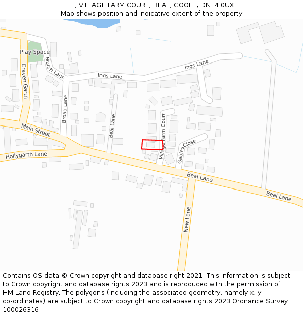 1, VILLAGE FARM COURT, BEAL, GOOLE, DN14 0UX: Location map and indicative extent of plot