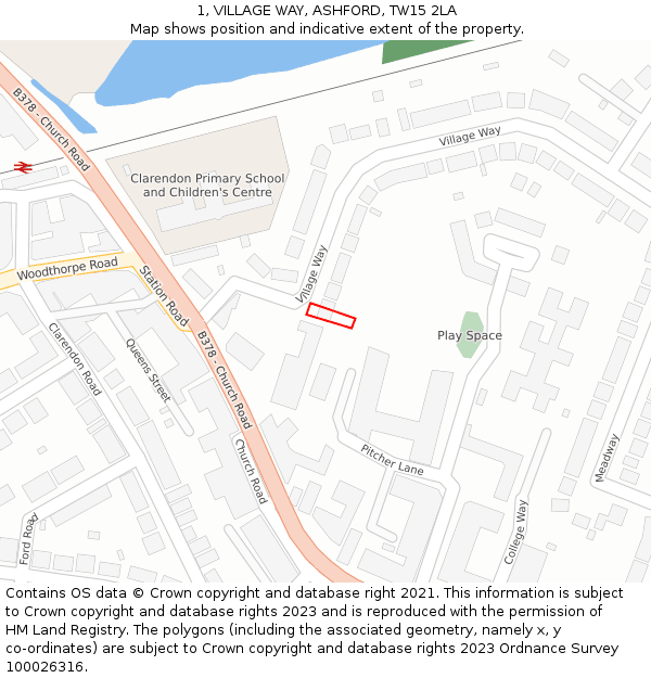 1, VILLAGE WAY, ASHFORD, TW15 2LA: Location map and indicative extent of plot