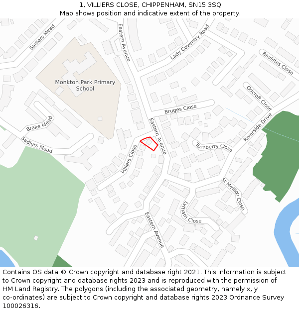 1, VILLIERS CLOSE, CHIPPENHAM, SN15 3SQ: Location map and indicative extent of plot