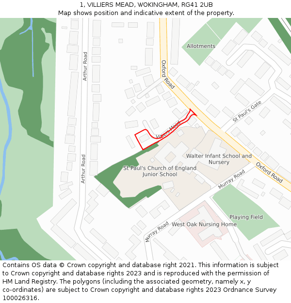 1, VILLIERS MEAD, WOKINGHAM, RG41 2UB: Location map and indicative extent of plot