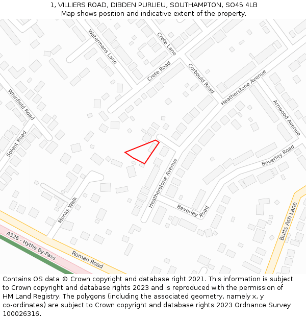 1, VILLIERS ROAD, DIBDEN PURLIEU, SOUTHAMPTON, SO45 4LB: Location map and indicative extent of plot