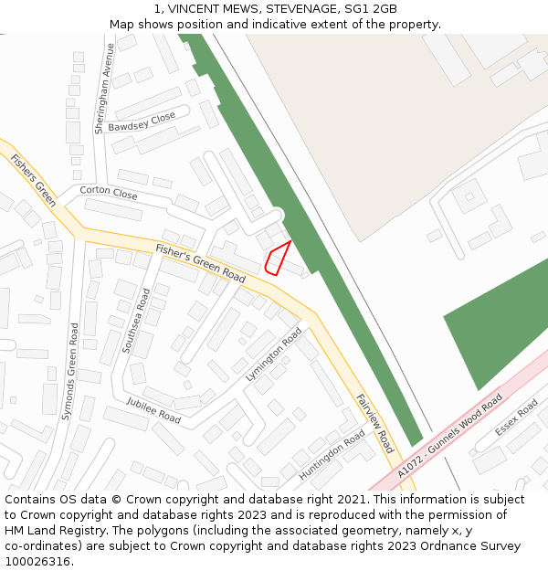 1, VINCENT MEWS, STEVENAGE, SG1 2GB: Location map and indicative extent of plot